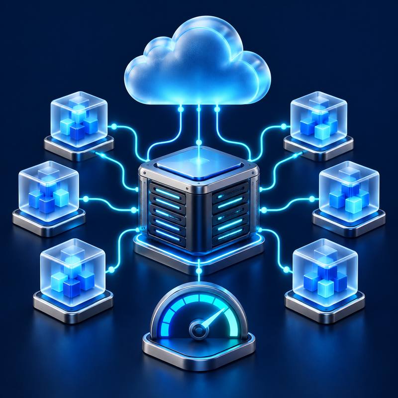 Cloud-native .NET architecture with connected microservices, server and performance gauge