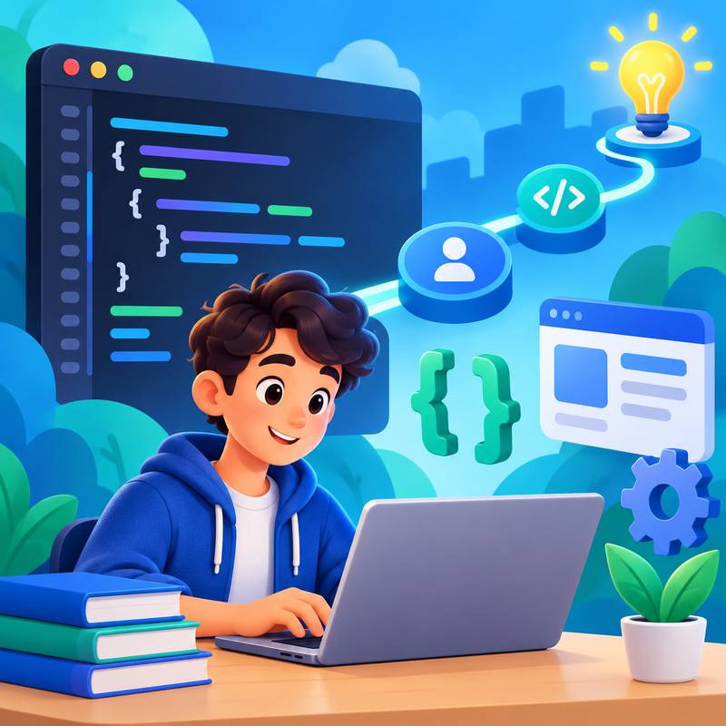 Beginner learning C# and .NET with a code editor and programming symbols